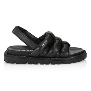 Prada Blow Black Padded Leather Logo Strappy Slingback Sport Sandal Flat 39.5